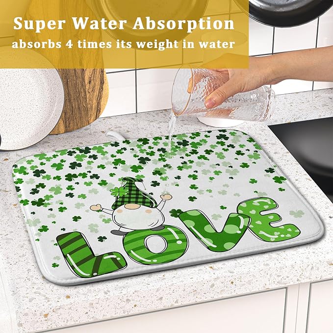 St Patrick's Day Gnomes Love Dish Drying Mat for Kitchen Counter,Green Shamrock Clovers Drying Mat 16 x 18 Inch with High Absorbent Microfiber Drainer Mat for Coffee Bar