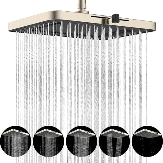 Hibbent cUPC Certified 5 Spray Modes Shower Head, 13'' High Pressure Large Rainfall Shower Head, High Flow Waterfall Bathroom Fixed Showerheads, Adjustable Swivel Ball Joint, Brushed Nickel
