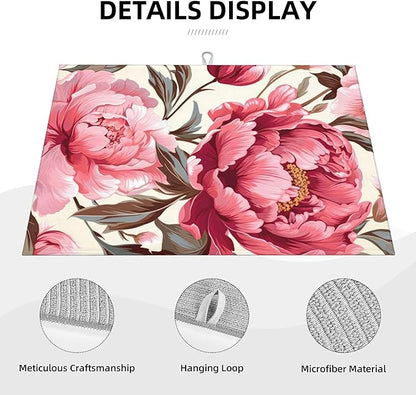 Pink Peony Dish Drying Mats for Kitchen Counter, Absorbent Reversible Microfiber Dish Drying Pad, Multi-Use Large Drying Mat Coffee Bar Accessories 18"x24"