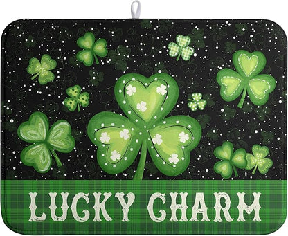 St Patricks Day Spring Dish Drying Mats St Patrick's Day Lucky Dish Mat Shamrock Drying Matt Dishes Dryer Pad for Kitchen Counter Absorbent Microfiber Washable Foldable Reusable 18x24 in