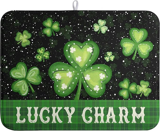 St Patricks Day Spring Dish Drying Mats St Patrick's Day Lucky Dish Mat Shamrock Drying Matt Dishes Dryer Pad for Kitchen Counter Absorbent Microfiber Washable Foldable Reusable 18x24 in