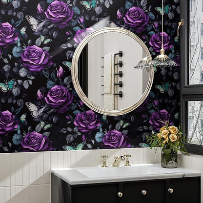 Fvlow Black Foral Wallpaper Peel and Stick Dark Purple Rose Contact Paper 17.4" x 393", Waterproof Self-Adhesive Flower Butterfly Wall Paper for Bedroom Countertop Desk Cabinets Decor Renter Friendly