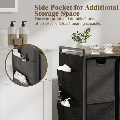 Laundry Hamper, Laundry Basket, Laundry Sorter with Top Shelf & 3 Removable Washable Bags & Side Pockets for Laundry Room organization, Bathroom and Dorm, Rustic Brown and Black