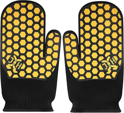 J H Heat Resistant Oven Glove:EN407 Certified 932 °F, 2 Layers Silicone Coating, Oven Mitts for Cooking, Kitchen, Fireplace,Camping, Grilling (Black/Yellow, Mitten)