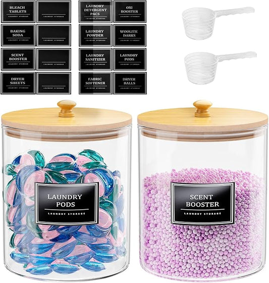 HomePekite 2 Pack Glass Laundry Pods Container, Clear Laundry Room Organization Containers with Lids & Labels, Powder Laundry Detergent Container for Scent Booster, Powder