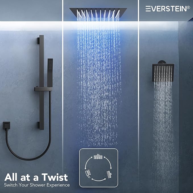 Celling Mount 64 Color LED Mood Lighting Dual Rainfall Shower Head Faucet, 12 Inch Rainfall Shower System (Matte Black)