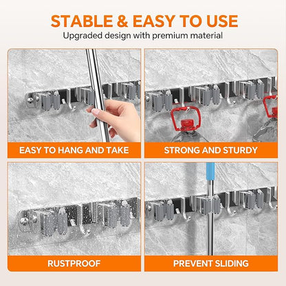 5 Grippers Broom Holder Wall Mount with 4 Hooks Stainless Steel Mop and Broom Organizer Self Adhesive or Screw Fixing for Garden Tool Rack Closet Laundry Room Kitchen Garage Storage Utility Hook