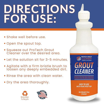 ProTech Grout Cleaner & Stain Cleaner - 32 Ounce - Premixed Solution - Heavy Duty Grout Stain Remover for Tile Floors, Showers, bathroom grout & Kitchens. Non-Toxic & Safe, Best for Deep Cleaning
