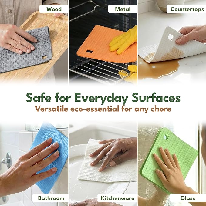 5 Pack Cellulose Swedish Dishcloths for Kitchen - Eco-Concious Reusable Dish Towels & Cloths - Super Absorbent, Odor Resistant and Fast Drying Wash Cloths for Dishes & Surfaces
