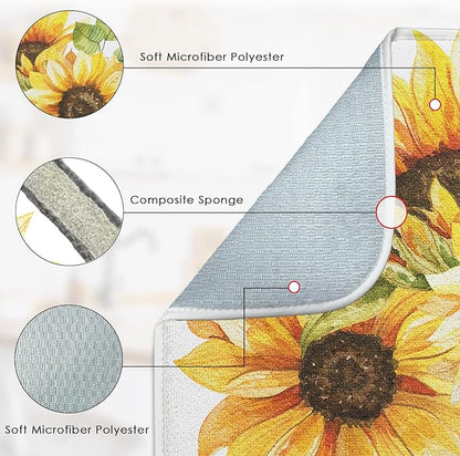 Sanwarm Absorbent Dish Drying Mat, Bouquet Daisy Flower Sunflowers Microfiber Pad for Kitchen Counter, Coffee Bar Decor, Heat Resistant and Reversible, 16" x 18"