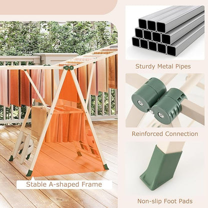 Giantex Clothes Drying Rack, Foldable Metal Laundry Drying Rack with Height Adjustable Wings, 16 Drying Rails, Sock Clips & Shoe Racks, Freestanding Clothing Stand for Indoor & Outdoor, Beige