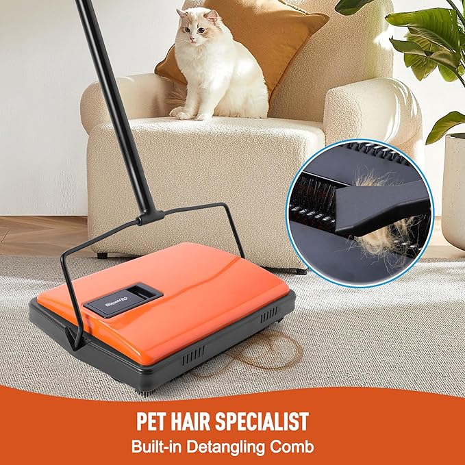 Manual Carpet Sweeper for Pet Hair - Rotating Brush Floor Sweeper, Lightweight Push Broom for Classroom Rugs, Non-Electric Lint & Crumb Cleaner, Easy-Dump Dustbin, No Batteries Needed
