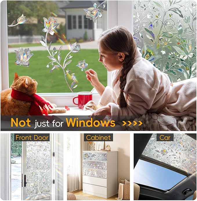 Rainbow Window Privacy Film Decorative, Stained Glass Tint for Home, 3D Decals Clings for Glass, Static Cling Sticker, Suncatcher Cover,29.5" by 157.4"