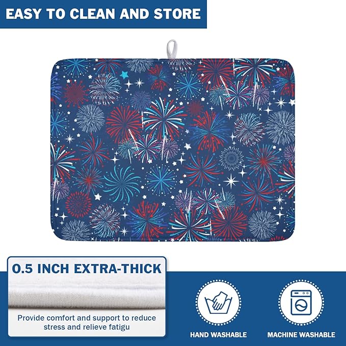 4th of July Patriotic Dish Drying Mat for Kitchen Counter 18 x 24 Inch Independence Day Dish Drainer Mat Absorbent Microfiber Firework Dish Rack Pad for Coffee Dining Bar Decor