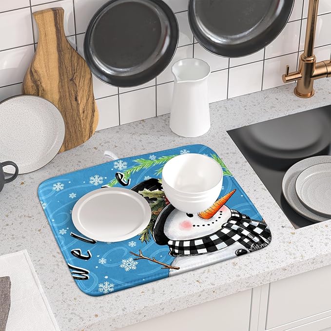 Christmas Snowman Dish Drying Mat for Kitchen Counter 16x18 Blue White Snowflake Welcome Winter Holiday Absorbent Reversible Microfiber Drying Mats Kitchen Countertop Protector Dishes Drainer Rack Pad