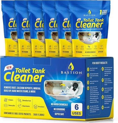 Bastion Toilet Tank Cleaner - 6-Uses. (*Not For Toilet Bowl*) Removes Rust, Mineral Deposits, Hard Water Stains, & Calcium Build Up. Contains 6 X 8oz Single Use Packets