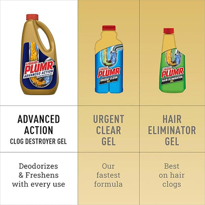 Clorox Liquid-Plumr Advanced Action Clog Destroyer Gel, Removes Multiple Types of Clogs including Hair, Deodorizes and Freshens, Safe for All Septic Systems and Pipes, 2 Bottles, 32 fl. oz. Bottle