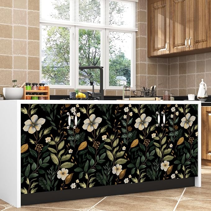 Laatse Green Wallpaper Peel and Stick Vintage Dark Black Floral Wallpaper Waterproof Self Adhesive Removable Boho Leaf Wall Paper Modern for Bedroom Walls Drawer Cabinet 17.5in x118in