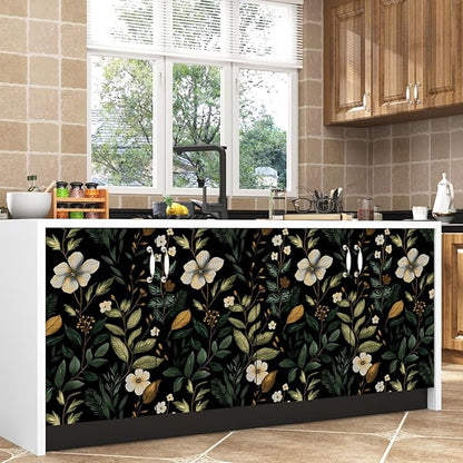 Laatse Green Wallpaper Peel and Stick Vintage Dark Black Floral Wallpaper Waterproof Self Adhesive Removable Boho Leaf Wall Paper Modern for Bedroom Walls Drawer Cabinet 17.5in x118in