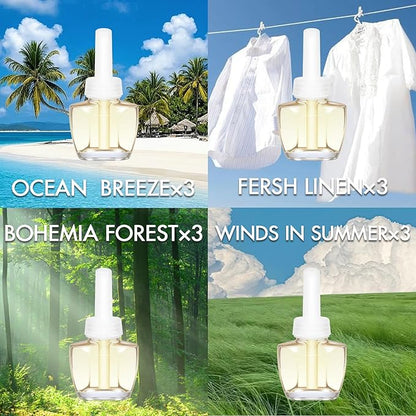 Plug In Refills Air Freshener 12 Pack – Ocean Breeze, Fresh Linen, Bohemia Forest, Winds in Summer, Scented Refill for Home, Bathrooms Use, Compatible with Air Wick & Glade, Not for Glade Plus