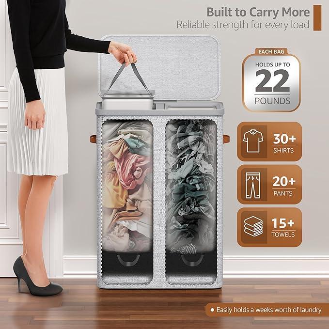 Sorbus Laundry Hamper with Lid - Collapsible 2-Compartment Fabric Laundry Basket with Handles and Removable Laundry Bag – 45 Gallon (170 L) Dirty Clothes Hamper for Bedroom, bathroom and dorm (Gray)