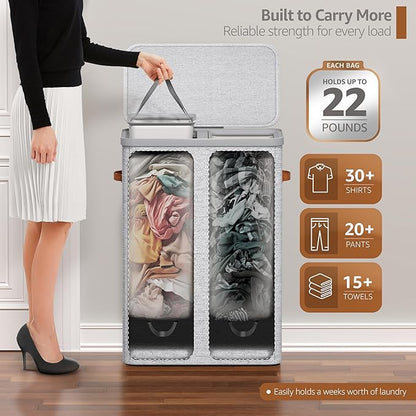 Sorbus Laundry Hamper with Lid - Collapsible 2-Compartment Fabric Laundry Basket with Handles and Removable Laundry Bag – 45 Gallon (170 L) Dirty Clothes Hamper for Bedroom, bathroom and dorm (Gray)