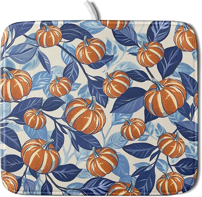 Blue Burnt Orange Fall Pumpkin Dish Drying Mat for Kitchen Counter 16x18 Autumn Theme Thanksgiving Day Absorbent Reversible Microfiber Drying Mats Kitchen Countertop Protector Dishes Drainer Pad