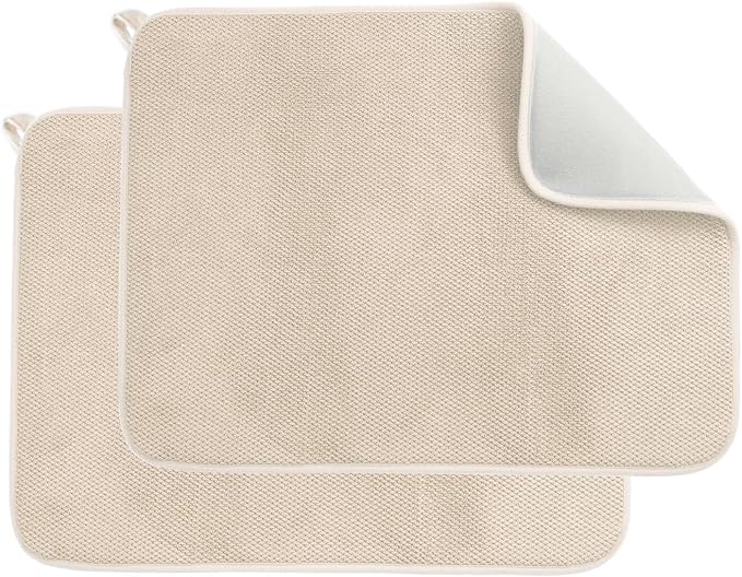 2 Pack Microfiber Dishes Drying Mats, Reusable Washable Dish Drainer Pad for Kitchen Counter, Small Size Super Absorbent Dishes Drying Pads, 12 x16 Inch, Beige