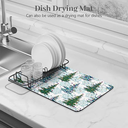 Bloss Christmas Dish Drying Mat, 19x12 Inch Coffee Mat with Christmas Tree + Snowflakes Printed, Drying Matt Kitchen Counter / Bar Mat