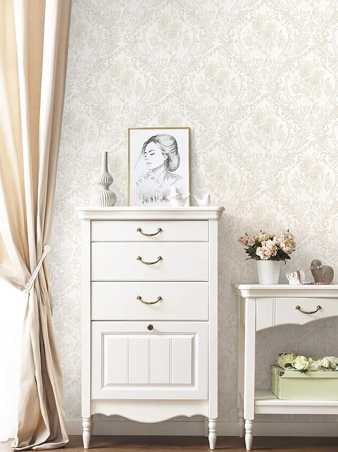 Ismoon Floral Peel and Stick Wallpaper Vintage Beige Contact Paper Boho Watercolor Damask Wall Paper Textured Removable Self Adhesive Vinyl Wallpaper for Cabinet Bedroom Wall Decor, 17.3x393in