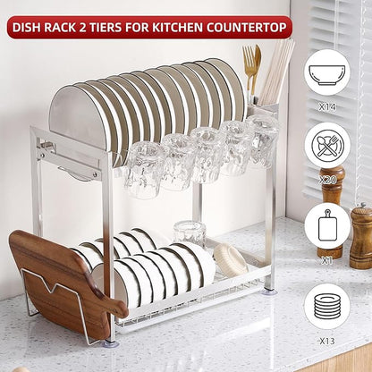 Dish Drying Rack, Double Layered countertop Kitchen Organizer with Drainage Large Bowl Rack and Storage Rack with Drainage Board (Silver Upgraded Version)