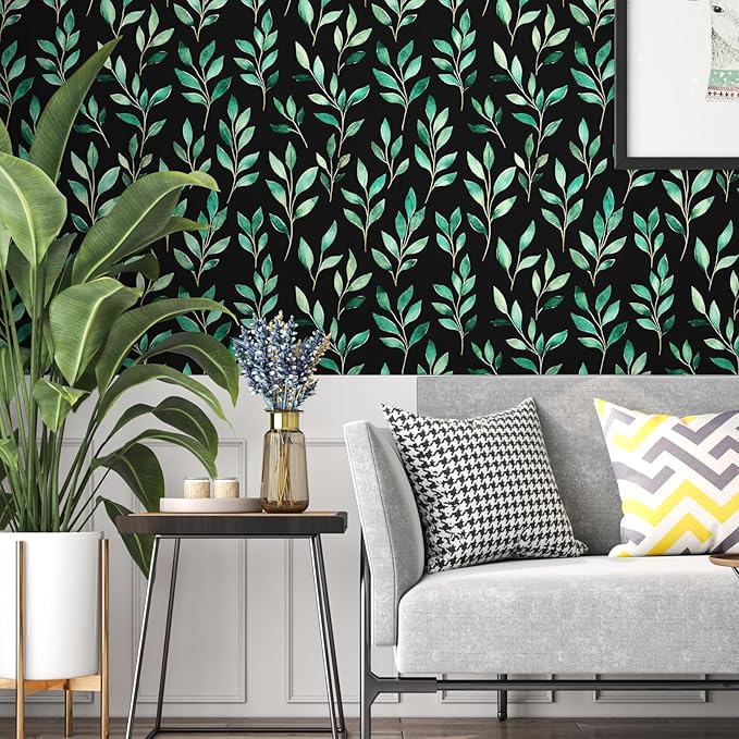 Fvlow Green Floral Wallpaper Peel and Stick Black Leaf Contact Paper 17.4" x 118" Vintage Leaf Wallpaper Waterproof Self-Adhesive Wall Covering for Bedroom Countertop Desk Cabinets Decor