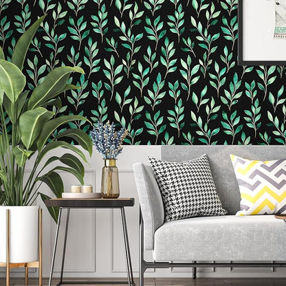 Fvlow Green Floral Wallpaper Peel and Stick Black Leaf Contact Paper 17.4" x 118" Vintage Leaf Wallpaper Waterproof Self-Adhesive Wall Covering for Bedroom Countertop Desk Cabinets Decor
