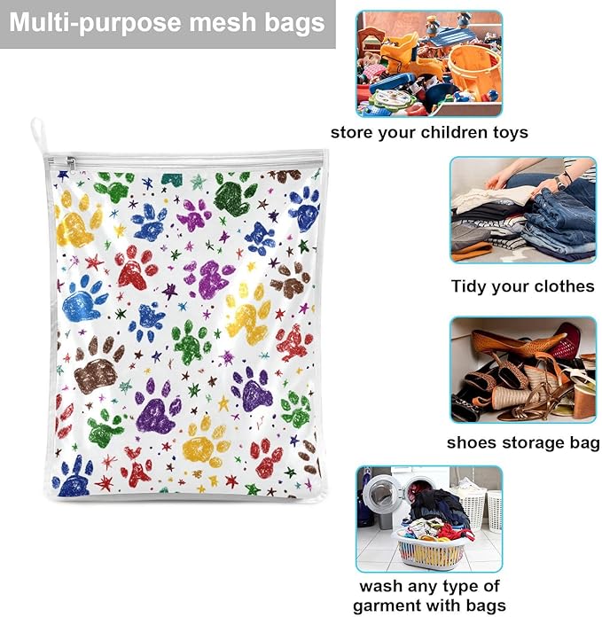 Mesh Laundry Bags Lingerie Bags for Washing Delicates 2 PCS Durable Wash Bag with Zipper Small and Medium Washable Paw Prints and Stars
