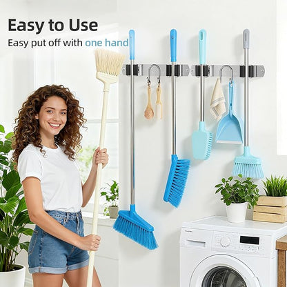 Broom Holder Wall Mount, 2-Pack Stainless Steel Mop and Broom Organizer, Broom Hanger with 2 Slots 2 Hooks for Home Kitchen, Garage, Garden and Laundry Room, Silver
