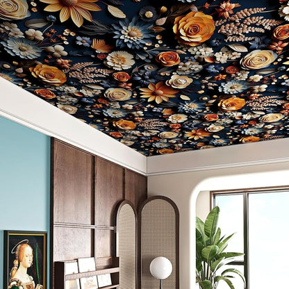 FunStick 17.5"x354" Vintage Dark Blue Floral Contact Paper for Walls Orange Deep Blue Floral Peel and Stick Wallpaper for Bedroom Bathroom Ceiling Waterproof Beige Daisy Roses Flower Wall Paper Mural