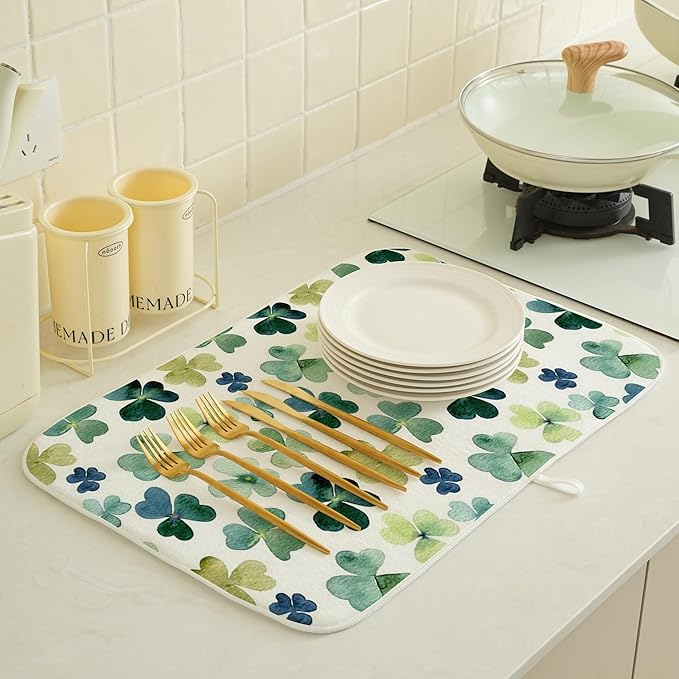 Spring Dish Drying Mat 18x24 Inches For Kitchen Counter Absorbent Green Lucky Clover Kitchen St. Patrick's Day Leaf Drying Mat Pad For Home Kitchen,Dining Room,Office Decoration