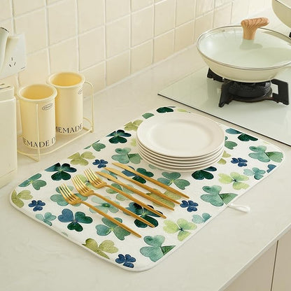 Spring Dish Drying Mat 18x24 Inches For Kitchen Counter Absorbent Green Lucky Clover Kitchen St. Patrick's Day Leaf Drying Mat Pad For Home Kitchen,Dining Room,Office Decoration