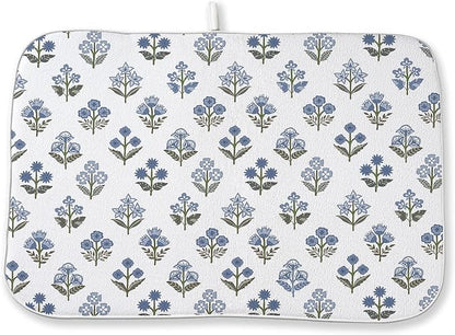 Blue Green Dish Drying Mat 18x24 Inch Vintage Block Print Floral Drying Mat Spring Summer Flower Seasonal Absorbent Dish Drying Pad Dish Rack Drainer Mats for Kitchen Dining Counter