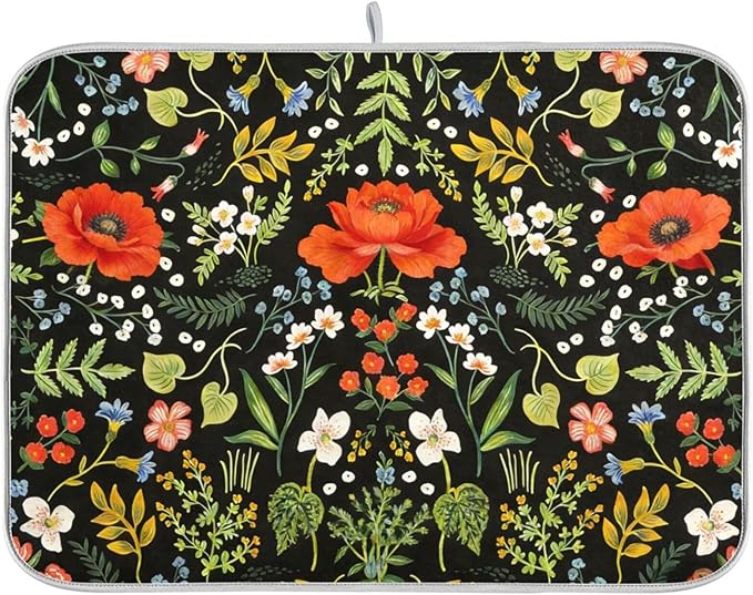 Colorful Floral Large Dish Mat Absorbent Drying Mats for Countertop 18 x 24 Inches Kitchen Dry Mat for Dishes