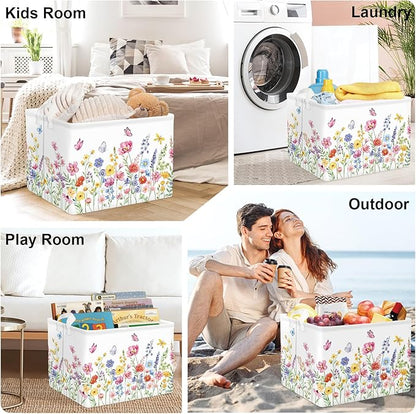 Colourful Flowers Laundry Hamper Large Storage Basket Floral Collapsible Adult Organizer Kids Clothes Toys Bins for Bedroom, Bathroom, Pinkish Purple, 36L