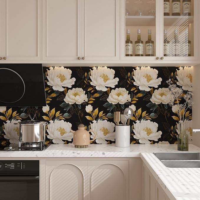 Extra Long Dark Floral Peel and Stick Wallpaper, 17.5In x 393In Vintage Big Peony Flower Waterproof Wallpaper for Room Cubicle Drawer, Vinyl Removable Contact Paper Wall Decor Black White