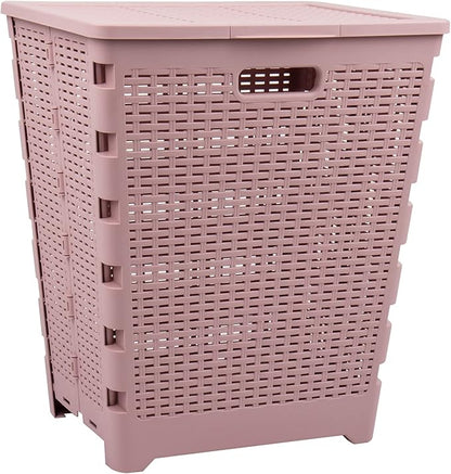 Mind Reader 61L Foldable Laundry Hamper, Clothes Basket, Lid, Wicker Design, Plastic, 18"L x 14.5"W x 21.25"H, Pink