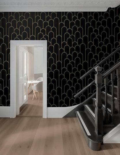 Yasinet Black and Gold Wallpaper Black Geometric Contact Paper Modern Stripe Removable Self Adhesive Wall Paper Decorative for Wall Bedroom Vinyl Film 17.3”x197”