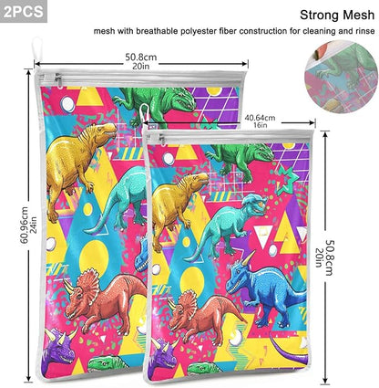 Mesh Laundry Bags Lingerie Bags for Washing Delicates 2 PCS Durable Wash Bag with Zipper Small and Medium Washable Bright Colorful Geometric Dinosaurs
