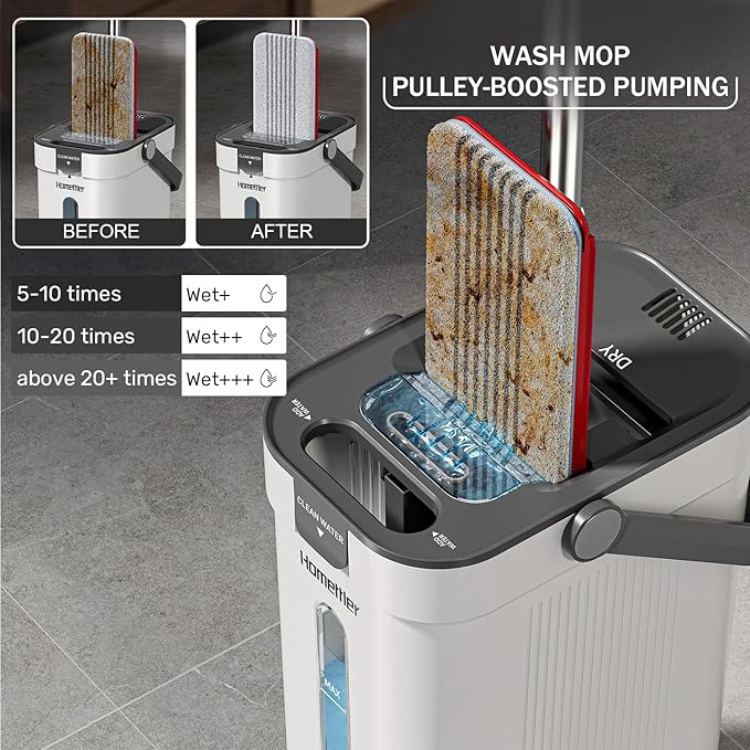 Dual-Mop and Bucket Set, 3-Tank Flat Mop and Bucket System with Separate Dirty and Clean Water, Wall Cleaner Mop, Flat Mops for Floor Cleaning with 6 Microfiber Pads
