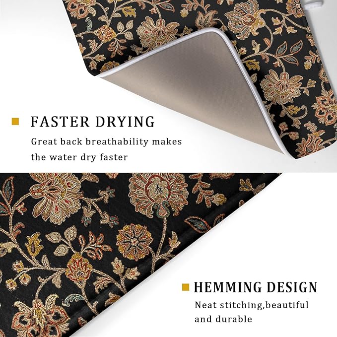 Vintage Tapestry Floral Dish Drying Pad 18 x 24 Inch With Absorbent Reversible Microfiber Black Brown Boho Carpet Flowers Drying Mats Dish Drainer Mat Fast Dry For Kitchen Dining Room Decoration