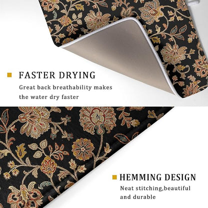 Vintage Tapestry Floral Dish Drying Pad 18 x 24 Inch With Absorbent Reversible Microfiber Black Brown Boho Carpet Flowers Drying Mats Dish Drainer Mat Fast Dry For Kitchen Dining Room Decoration