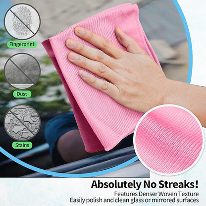 HOMERHYME Microfiber Cleaning Cloth, 12 Pack Window Glasses Cleaning Cloth, Reusable Lint-Free Streak Free Polishing Cloth Wipes for Stainless Steel, Eyeglasses, Mirrors, Screens & Lenses,12"*12" Pink