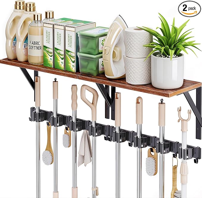 2Pack Broom Holder Wall Mount with Organizer Shelf, Space-Saving Broom and Mop Organizer Wall Hanging with 8 Broom Slots 10 Removable Hooks, Laundry Room Shelves for Laundry Room Garage Garden Closet